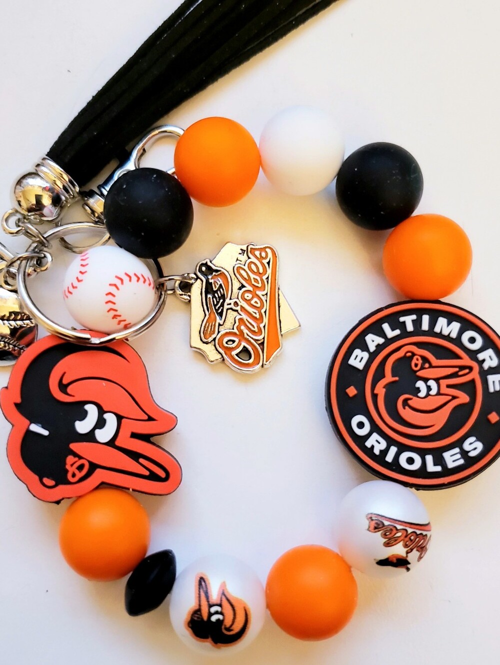 Handmade Orioles Beaded Silicone Focal Bead Wristlet Keychain Bracelet